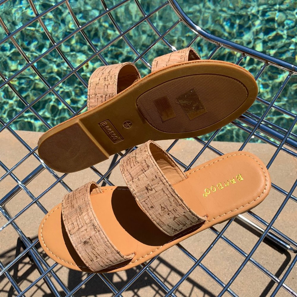 NEW🔥 Cork Open Toe Double Band Slide Flat Sandals - Picture 3 of 4